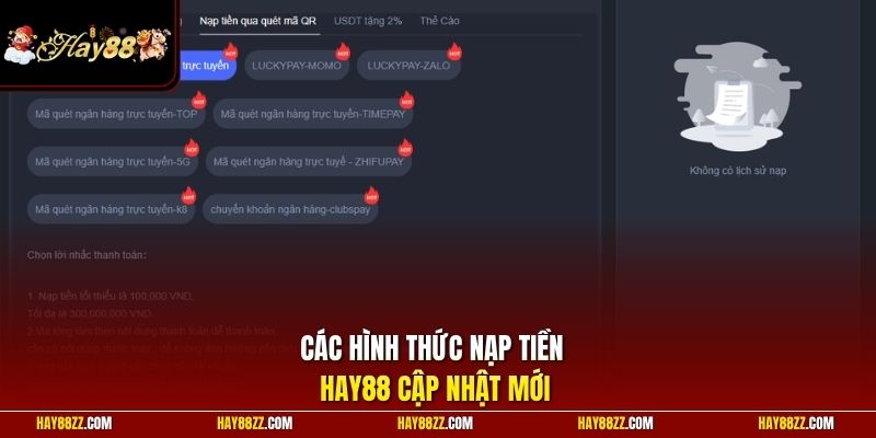 Các hình thức nạp tiền HAY88 cập nhật mới